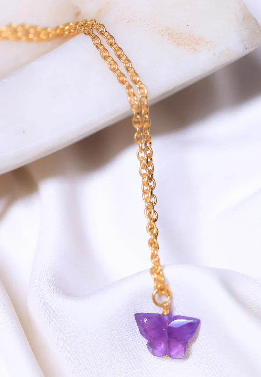 amethyst crystal pendant in 18ct gold plated sterling silver .this crystal jewellery helps in DEPRESSION AND anxiety