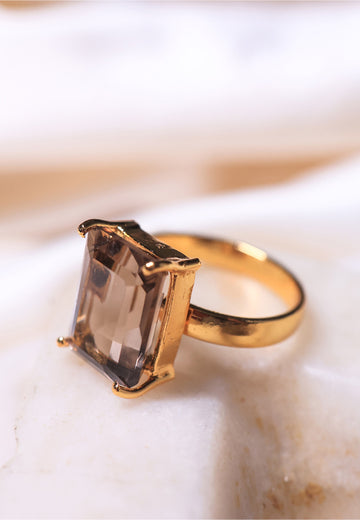 boxy smoky quartz crystal ring in BRASS AND STERLING SILVER IN 18ct gold plated FOR EVERY WOMAN