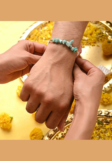 "Amazonite crystal Bhaiya Bhabhi Rakhi set for Raksha Bandhan 2025