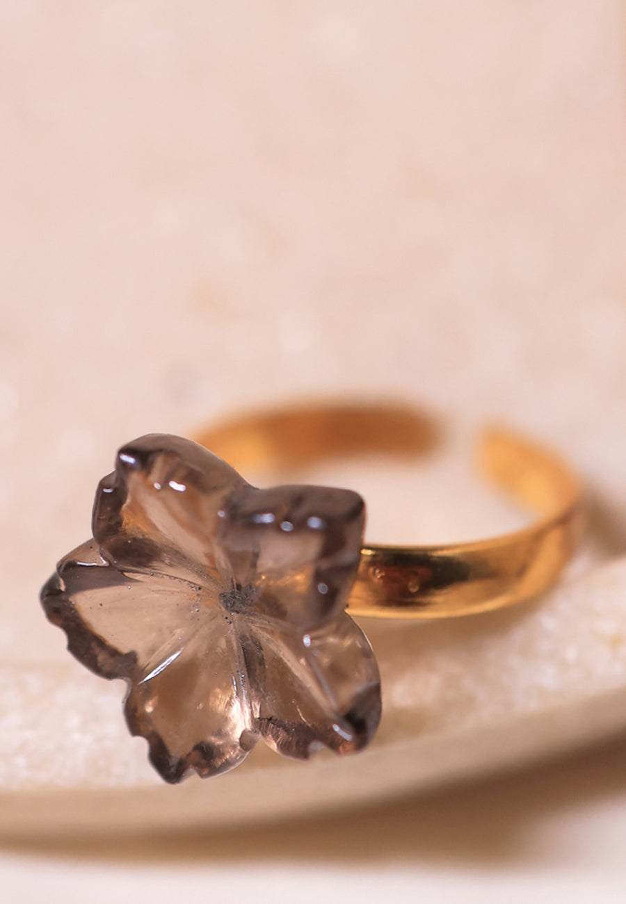 flower smoky quartz rystal ring in 18ct gold plated on Brass and sterling silver