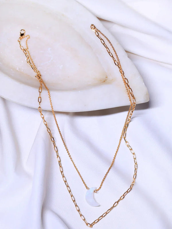 Crescent- Rainbow Moonstone Pendant double layered