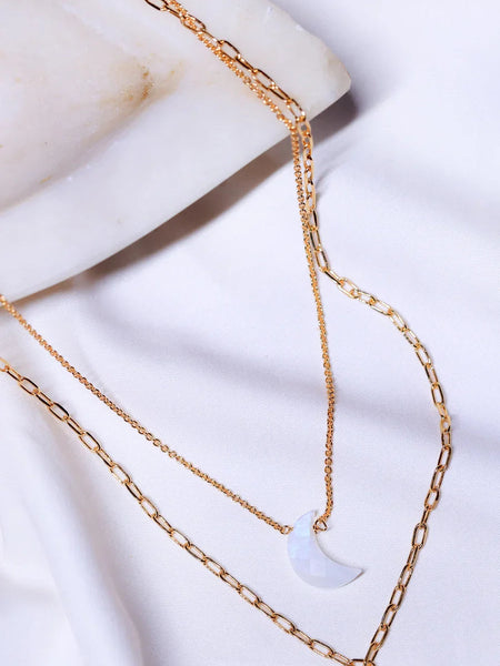 Crescent- Rainbow Moonstone Pendant double layered