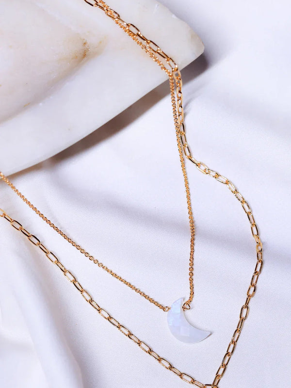 Crescent- Rainbow Moonstone Pendant double layered