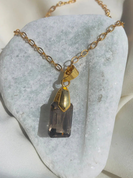 Smoky Quartz pendant Boxy /18CT gold plated /crystal jewellery