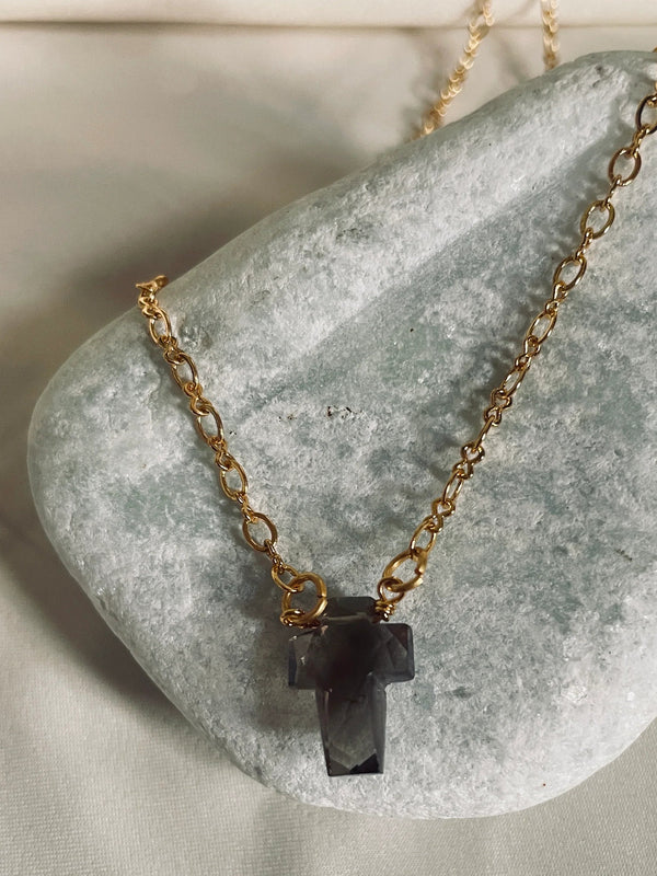 Stone  crossSmoky quartz  pendant in 18ct gold plated