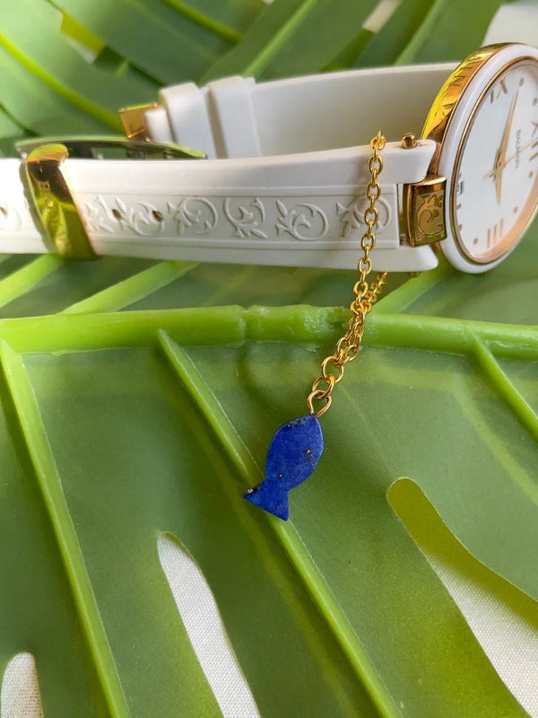 Lapis lazuli Fish stone watch charm in 18ct gold plated on BRASS  AND STERLING SILVER FOR EVERY WOMEN