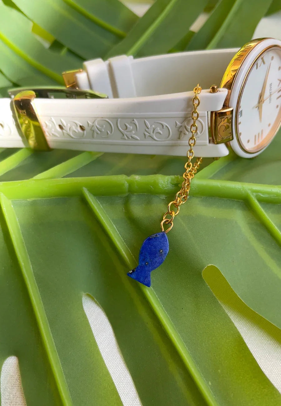Lapis lazuli Fish stone watch charm in 18ct gold plated on BRASS  AND STERLING SILVER FOR EVERY WOMEN
