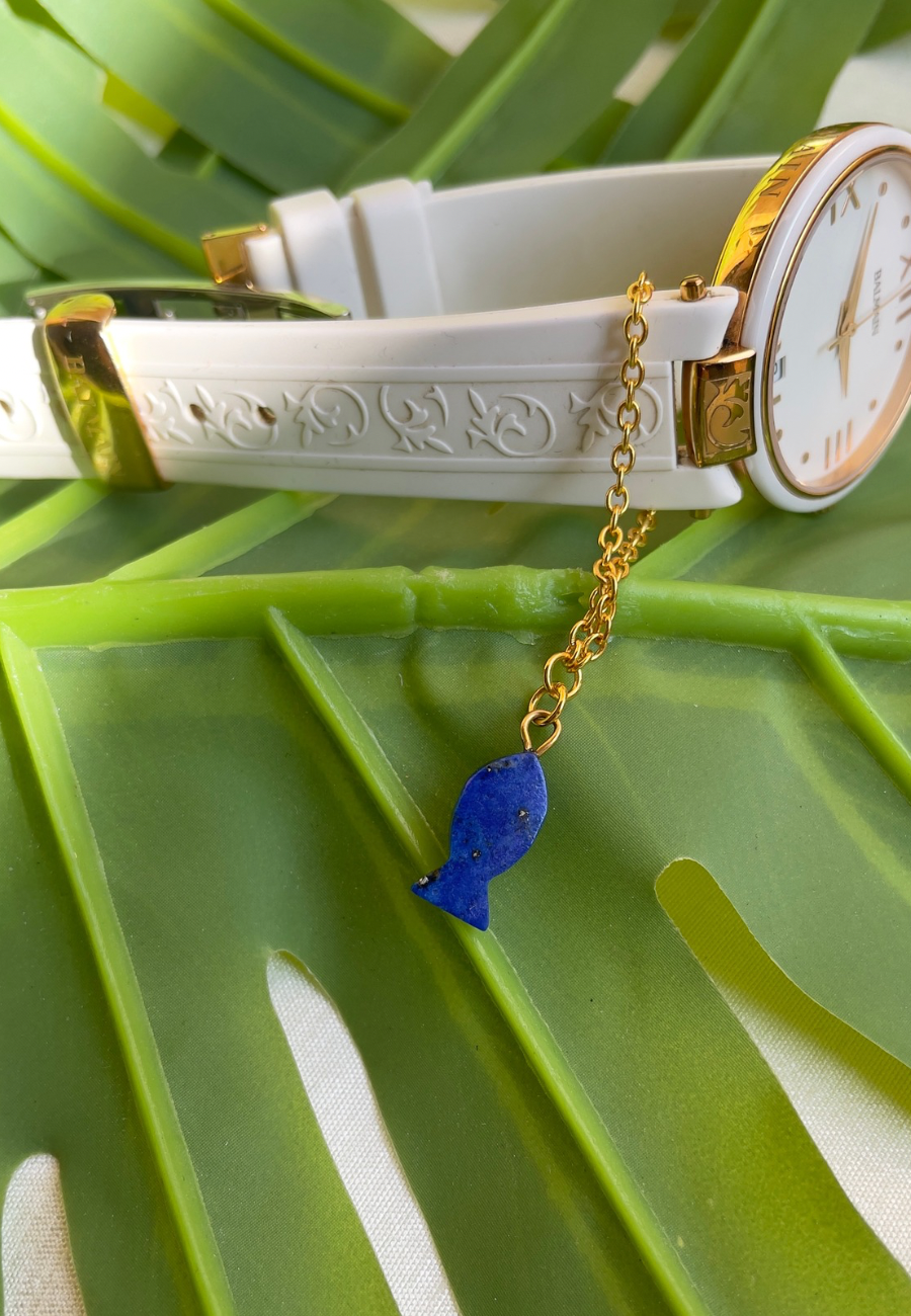 Lapis lazuli Fish stone watch charm in 18ct gold plated on BRASS  AND STERLING SILVER FOR EVERY WOMEN