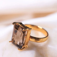 boxy smoky quartz crystal ring in BRASS AND STERLING SILVER IN 18ct gold plated  FOR EVERY WOMAN