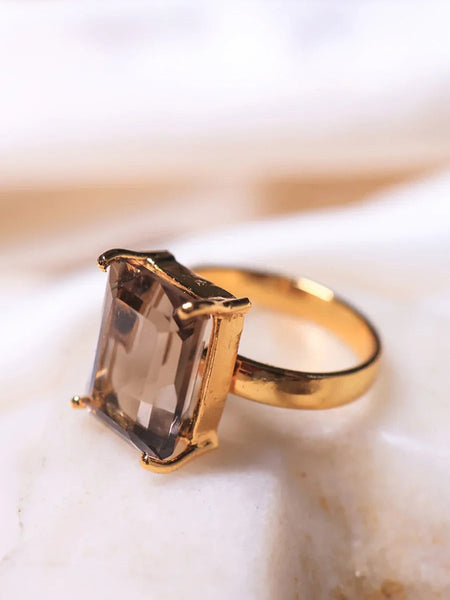 boxy smoky quartz crystal ring in BRASS AND STERLING SILVER IN 18ct gold plated  FOR EVERY WOMAN