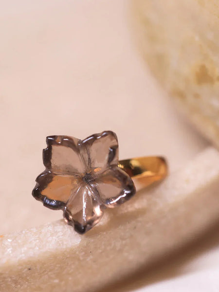 flower smoky quartz rystal ring in 18ct gold plated on Brass and sterling silver
