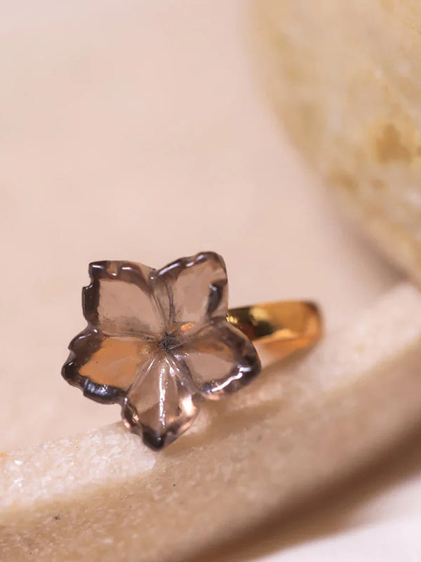 flower smoky quartz rystal ring in 18ct gold plated on Brass and sterling silver