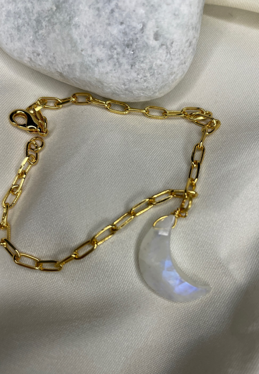 moonstone  crescent charm bracelet  in 18ct gold plated brass chain .THIS CRYSTAL STONE HELPS IN  DEPRESSION  & ANXIETY 