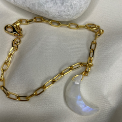 moonstone  crescent charm bracelet  in 18ct gold plated brass chain .THIS CRYSTAL STONE HELPS IN  DEPRESSION  & ANXIETY 