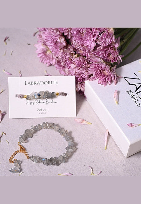 "Labradorite crystal Bhaiya Bhabhi Rakhi set for Raksha Bandhan 2025 – Transformation"