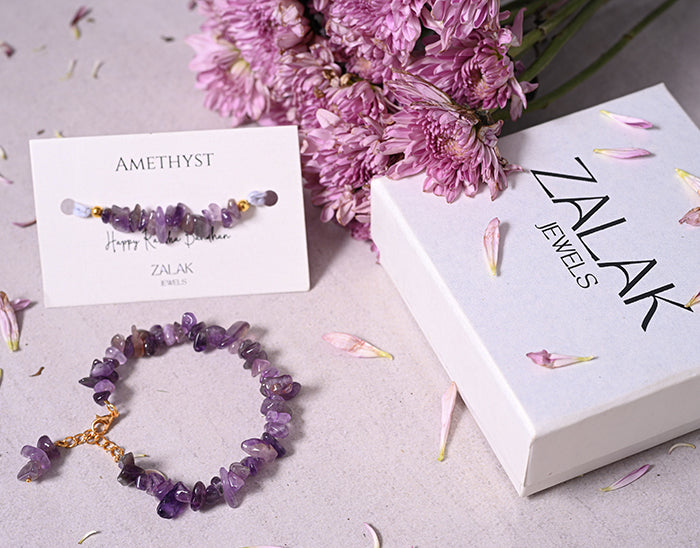"Amethyst crystal Bhaiya Bhabhi Rakhi set for Raksha Bandhan 2025 – healing and protection"