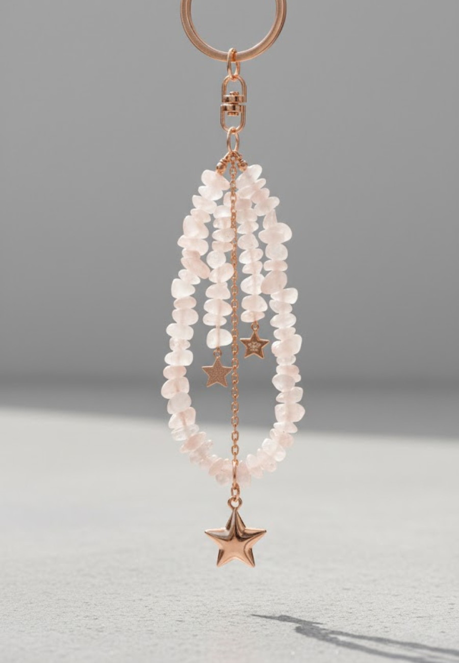 Rose quartz star key Ring