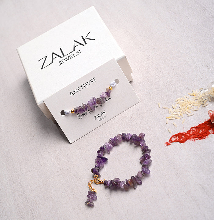 "Amethyst crystal Bhaiya Bhabhi Rakhi set for Raksha Bandhan 2025 – healing and protection"