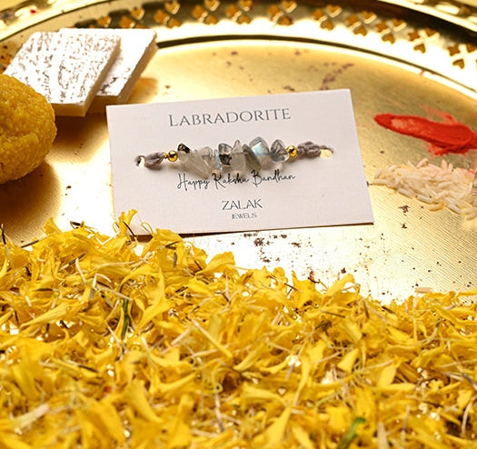 "Labradorite crystal Bhaiya Bhabhi Rakhi set for Raksha Bandhan 2025