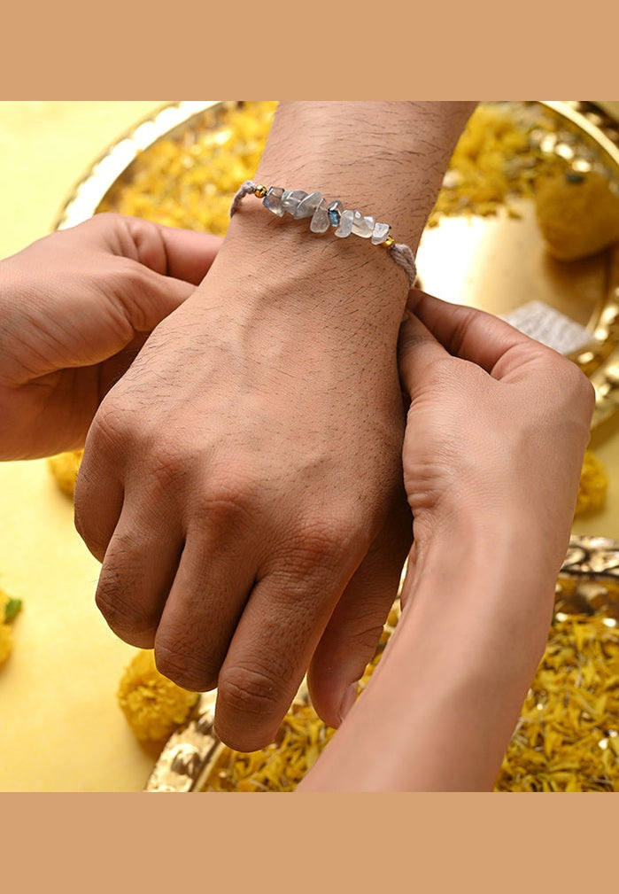 "Labradorite crystal Bhaiya Bhabhi Rakhi set for Raksha Bandhan 2025
