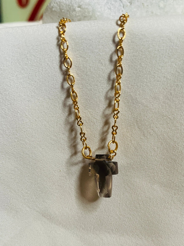 smoky quartz stone Cross pendant in 18 ct gold plated on BRASS AND STERLING SILVER FOR WOMAN